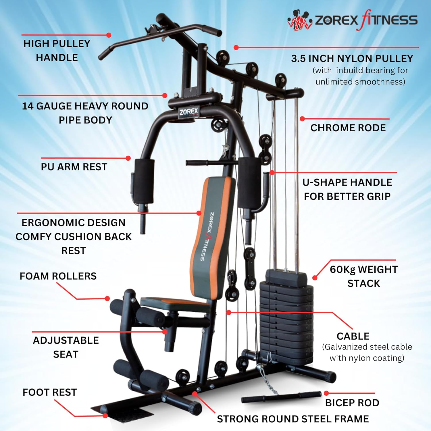 Zorex Fitness HGZ-1001 Multi Home Gym Multiple Muscle Workout Exercise Machine Chest Biceps Shoulder Back Triceps Legs for Men at Home, 60Kg Weight Stack - Image 4